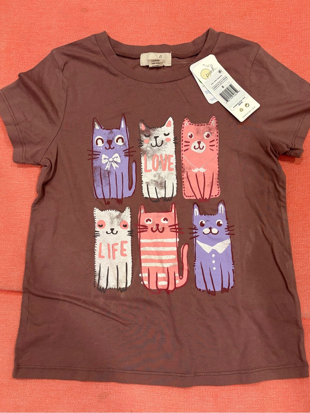 Peek Brown Tee with Pink, Purple & Cream Cat Graphic